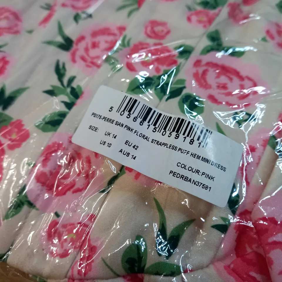 PACKAGED INTHESTYLE PINK FLORAL STRAPPLESS PUFF HEM MINI DRESS - SIZE 14