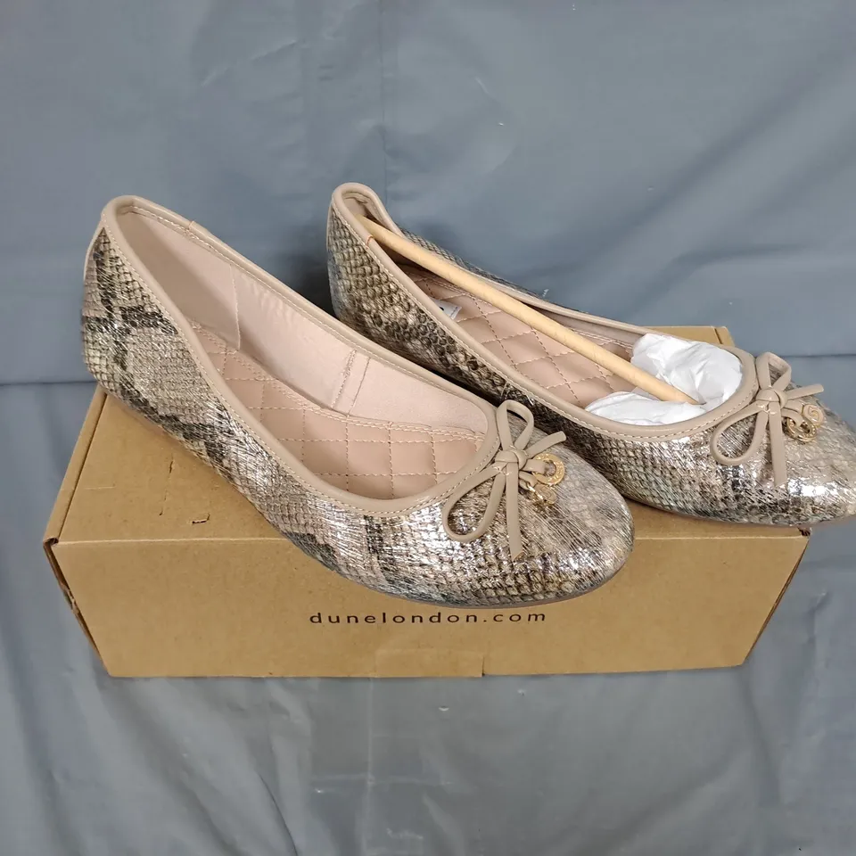 BOXED PAIR OF DUNE LONDON MULTI REPTILE CHARM TRIM BALLET SHOES - UK SIZE 6