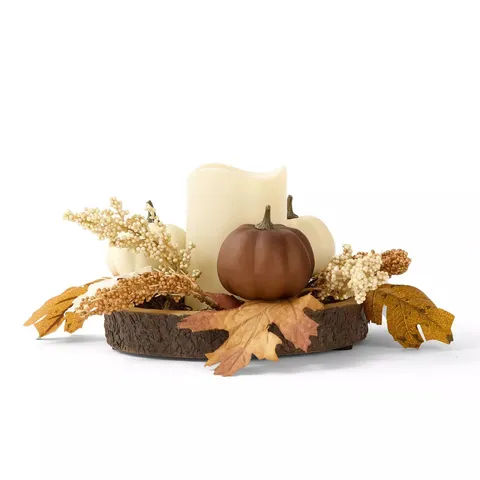 PUMPKIN LOG SLICE WITH LED CANDLE TABLE CENTRE AUTUMN DECORATION