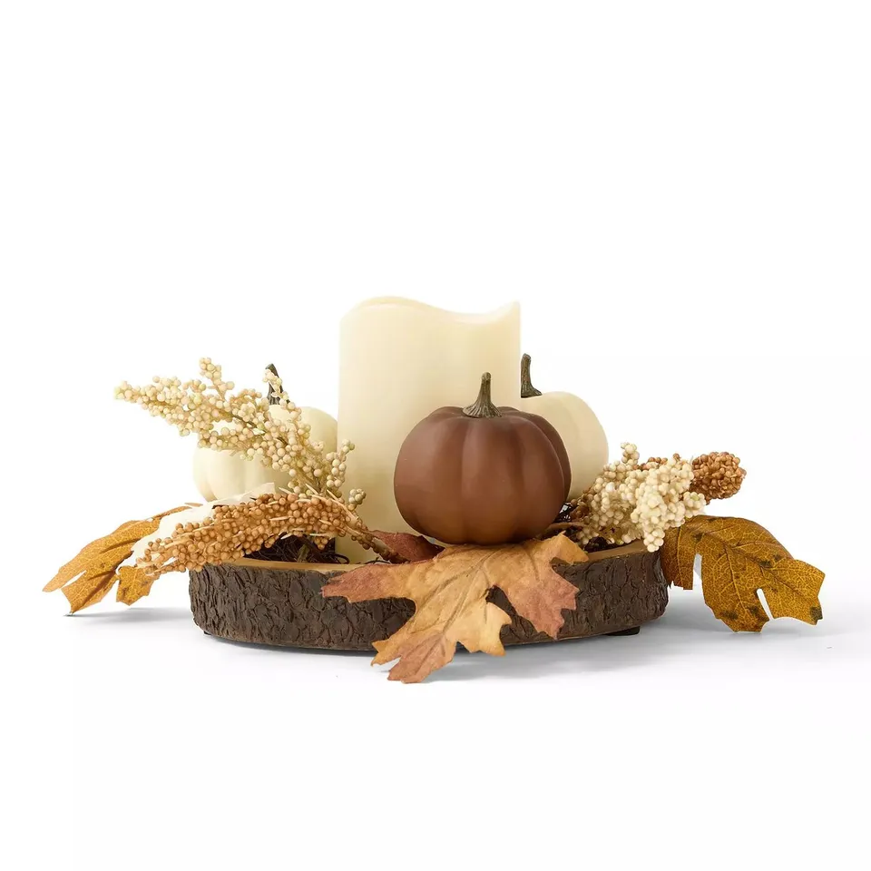 PUMPKIN LOG SLICE WITH LED CANDLE TABLE CENTRE AUTUMN DECORATION