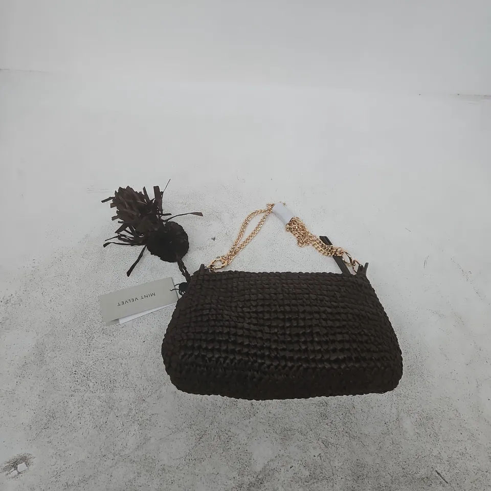 MINT VELVET BLACK WOVEN CLUTCH BAG WITH GOLD CHAIN STRAP