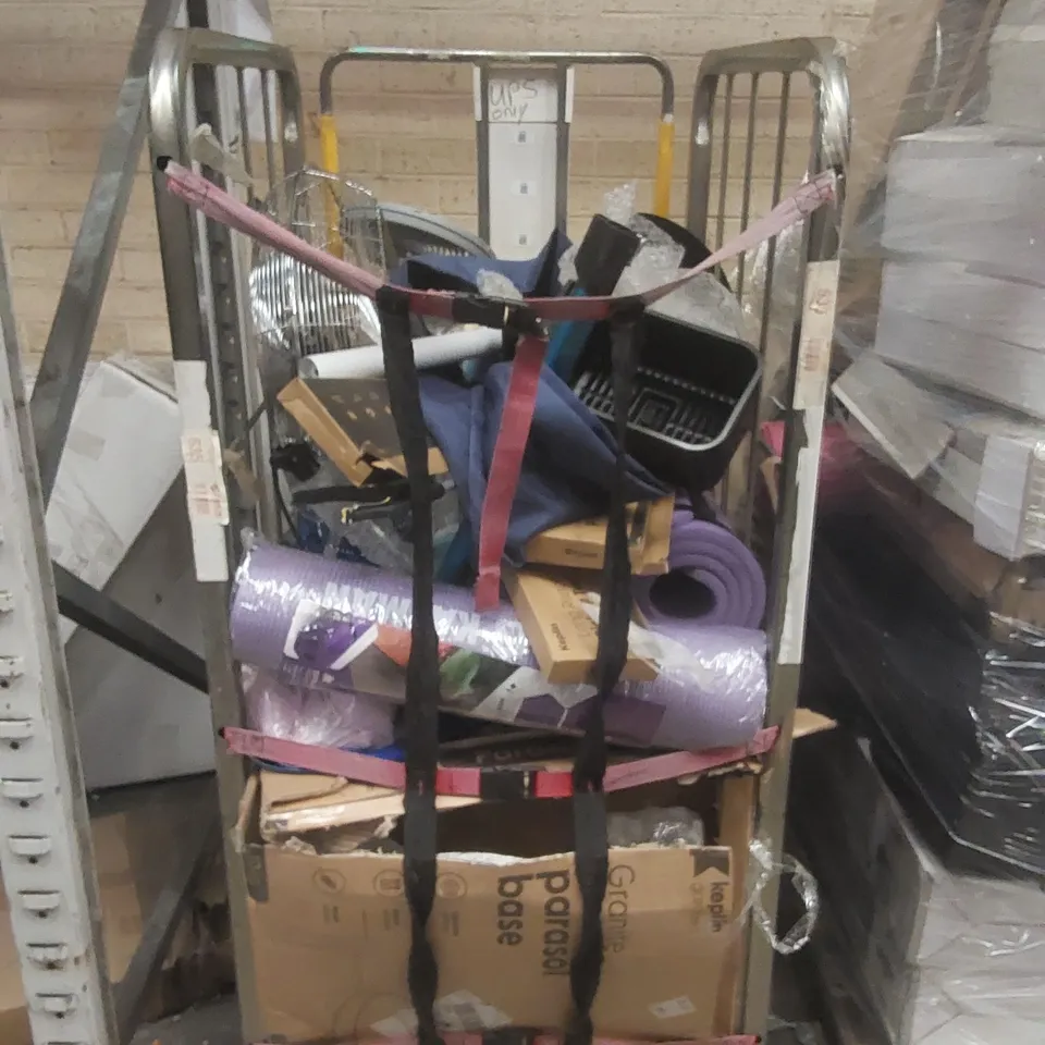 CAGE CONTAINING A LARGE QUANTITY OF ASSORTED ITEMS INCLUDING: FAN, YOGA MATS, PARASOL BASE ECT // CAGE NOT INCLUDED