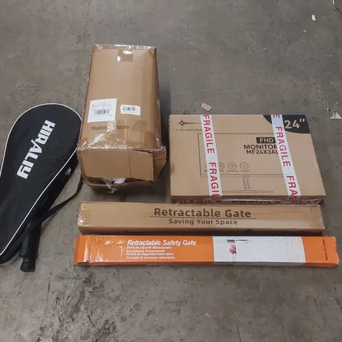 PALLET OF ASSORTED ITEMS INCLUDING: FHD MONITOR, MATTRESS TOPPER, RETRACTABLE GATES, TENNIS RACKETS ECT