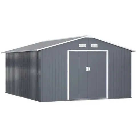 BOXED OUTSUNNY 13 X 11FT METAL GARDEN SHED, OUTDOOR STORAGE TOOL HOUSE WITH VENTILATION SLOTS, FOUNDATION KIT AND LOCKABLE DOUBLE DOORS, GREY (5 BOXES)