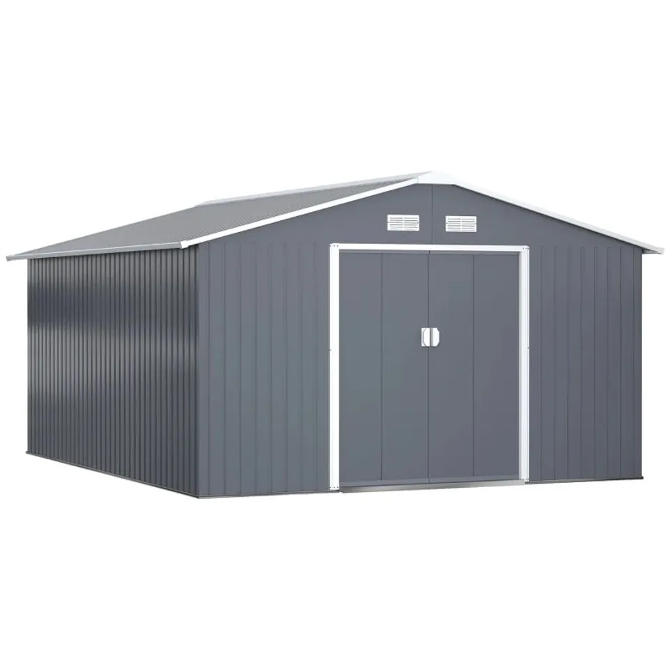 BOXED OUTSUNNY 13 X 11FT METAL GARDEN SHED, OUTDOOR STORAGE TOOL HOUSE WITH VENTILATION SLOTS, FOUNDATION KIT AND LOCKABLE DOUBLE DOORS, GREY (5 BOXES)