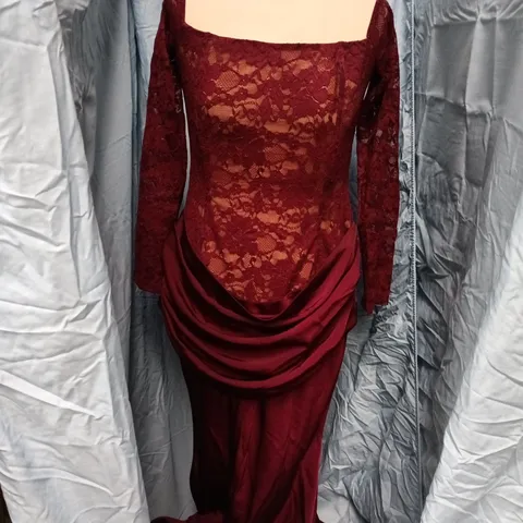 CLUB L LONDON BURGUNDY LACE BARDOT-NECK MAXI DRESS, UK 12