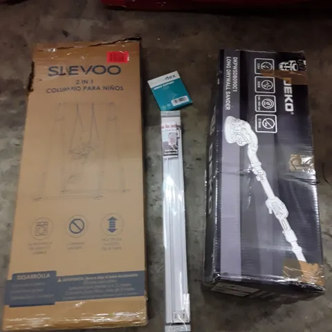 PALLET OF ASSORTED HOUSEHOLD GOODS AND PRODUCT TO INCLUDE; TODDLER SWING SET, DEMO LONG DRYWALL SANDER, ANKLE SUPPORT, WINDOW BLIND ETC 