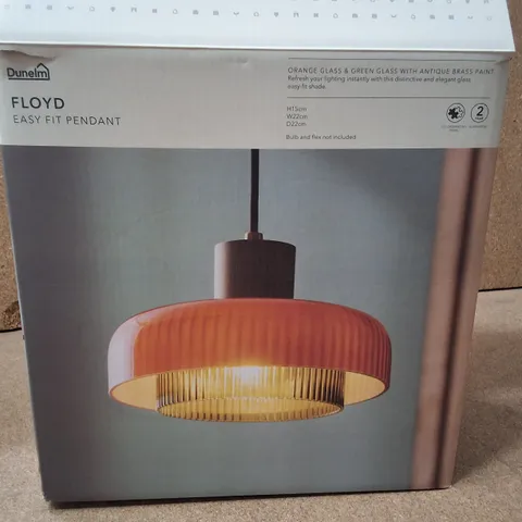 BOXED DUNELM FLOYD EASY FIT PENDANT LIGHT – ORANGE GLASS SHADE, ANTIQUE BRASS FINISH