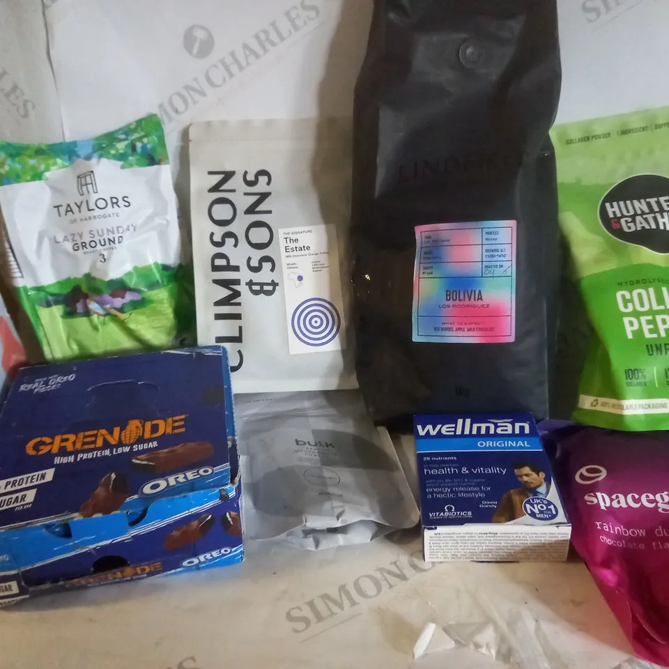 BOX OF APPROX 8 ASSORTED PRODUCTS TO INCLUDE COLLAGEN PEPTIDES, TAYLORS GROUND COFFEE, GRENADE OREO PROTEIN BARS, ETC 