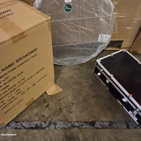 PALLET OF ASSORTED ITEMS TO INCLUDE, FLIGHT CASE, SET 4 MEMORY FOAM SEAT PADS, CIRCULAR GRILL, BOXED FURNITURE.