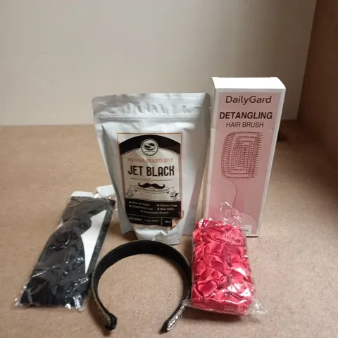 LOT OF APPROXIMATELY 12 ASSORTED HAIR CARE PRODUCTS TO INCLUDE HENNA BEARD DYE, HAIR BANDS AND A DETANGLING HAIR BRUSH