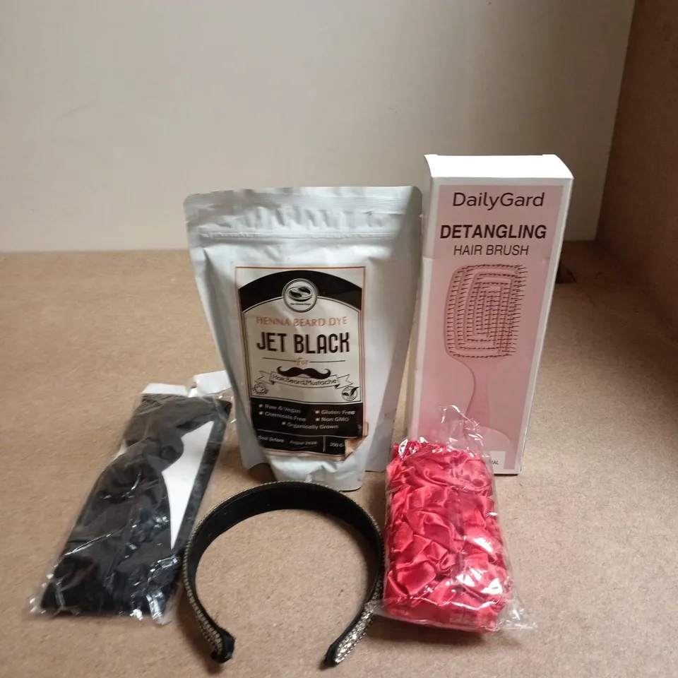 LOT OF APPROXIMATELY 12 ASSORTED HAIR CARE PRODUCTS TO INCLUDE HENNA BEARD DYE, HAIR BANDS AND A DETANGLING HAIR BRUSH
