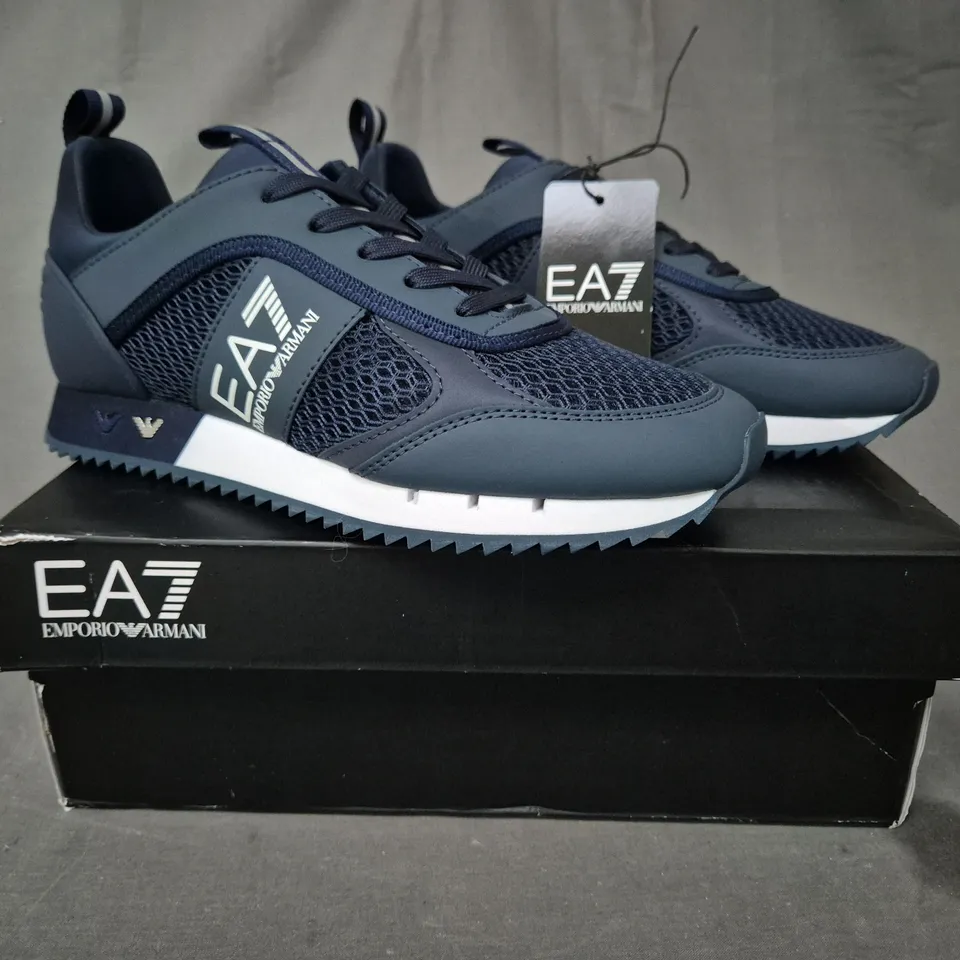 BOXED PAIR OF EMPORIO ARMANI SNEAKERS IN NAVY/WHITE UK SIZE 6