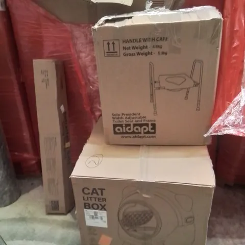 PALLET OF ASSORTED HOUSEHOLD GOODS AND PRODUCTS TO INCLUDE;RETRACTABLE SAFETY GATE,TOILET FRAME,CAT LITTER BOX