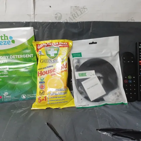 BOX OF APPROXIMATELY 14 ASSORTED ITEMS TO INCLUDE - EARTH BREEZE LAUNDRY DETERGENT , SKY REMOTE , HOUSEHOLD SURFACE WIPES ETC