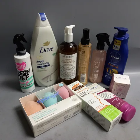 APPROXIMATELY 10 ASSORTED HEALTH AND BEAUTY PRODUCTS TO INCLUDE LOREAL ELNETT SATIN HEAT PROTECT STYLING SPRAY, KIEHL'S CALENDULA DEEP CLEANSING FOAMING FACE WASH, RAPUNZEL MIRACLE MOISTURE MIST