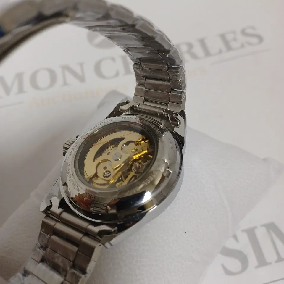 BOXED ANTHONY JAMES GENTS LIMITED EDITION SKELETON AUTOMATIC  STAINLESS STEEL WATCH - SILVER