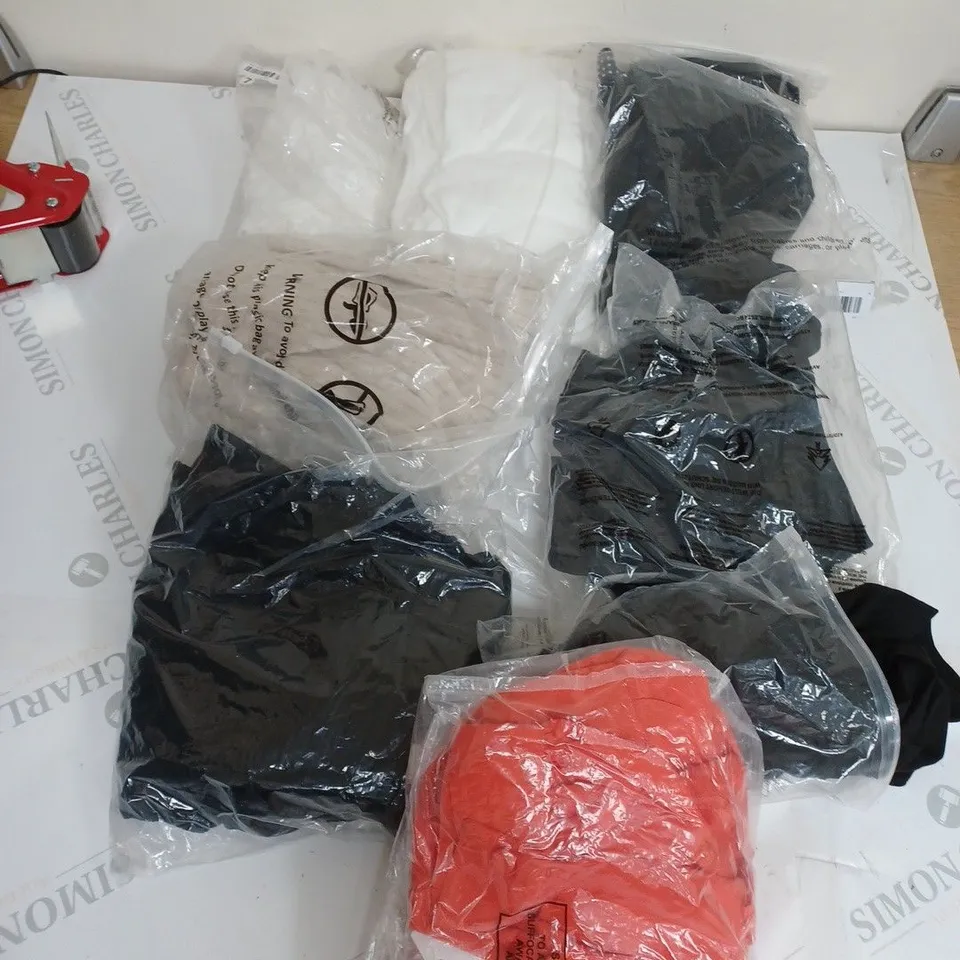 LARGE BOX OF ASSORTED CLOTHING ITEMS IN VARIOUS COLOURS AND SIZES INCLUDING TROUSERS , TOPS AND JUMPERS 