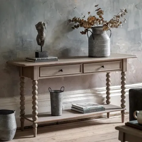 BOXED CEDAR AND SAGE BODEN 2 DRAWER CONSOLE TABLE (1 BOX)