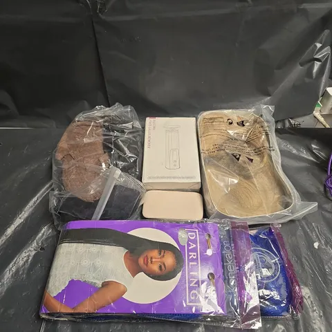 APPROXIMATELY 20 ASSORTED COSMETICS ITEMS TO INCLUDE WIGS , TOOTHBRUSH HEADS , ETC