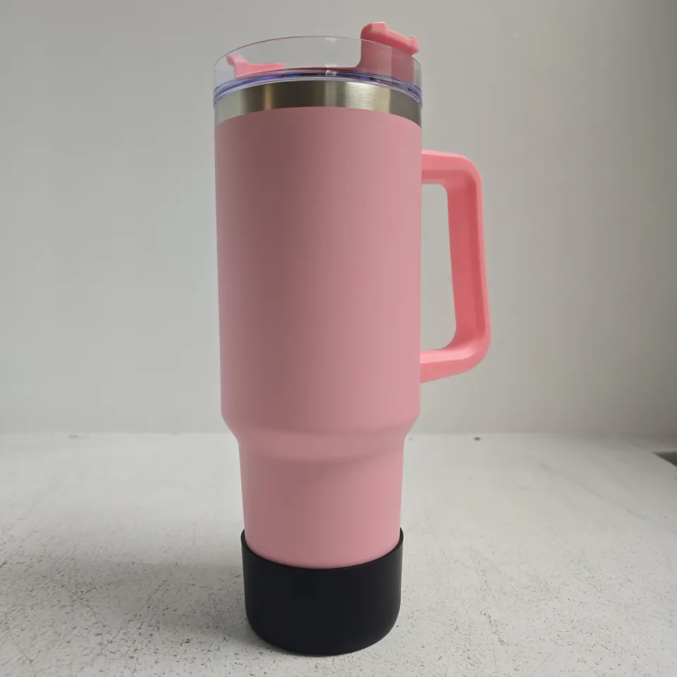 PINK INSULATED TRAVEL MUG WITH LID AND PINK HANDLE
