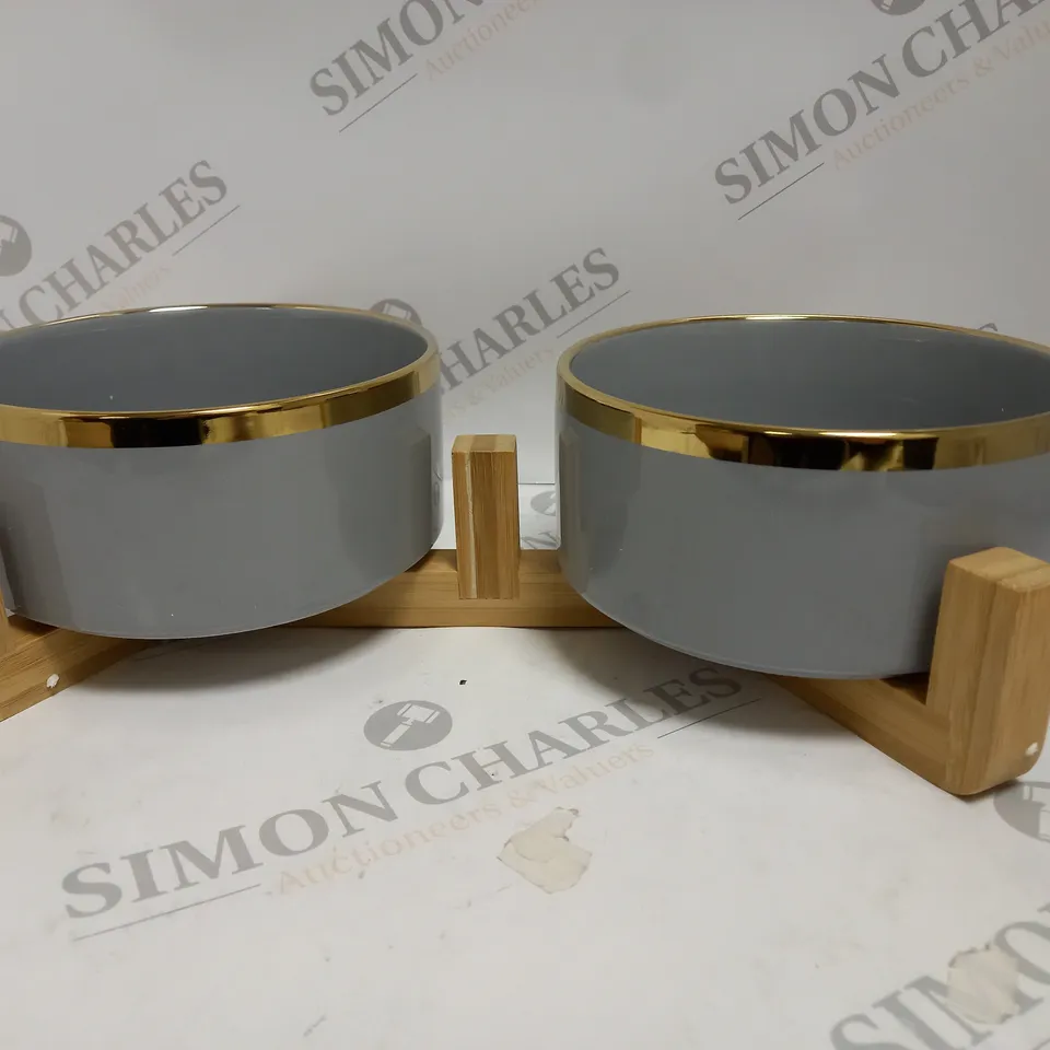 BOXED DESIGNER GREY TWIN DOG BOWL SET