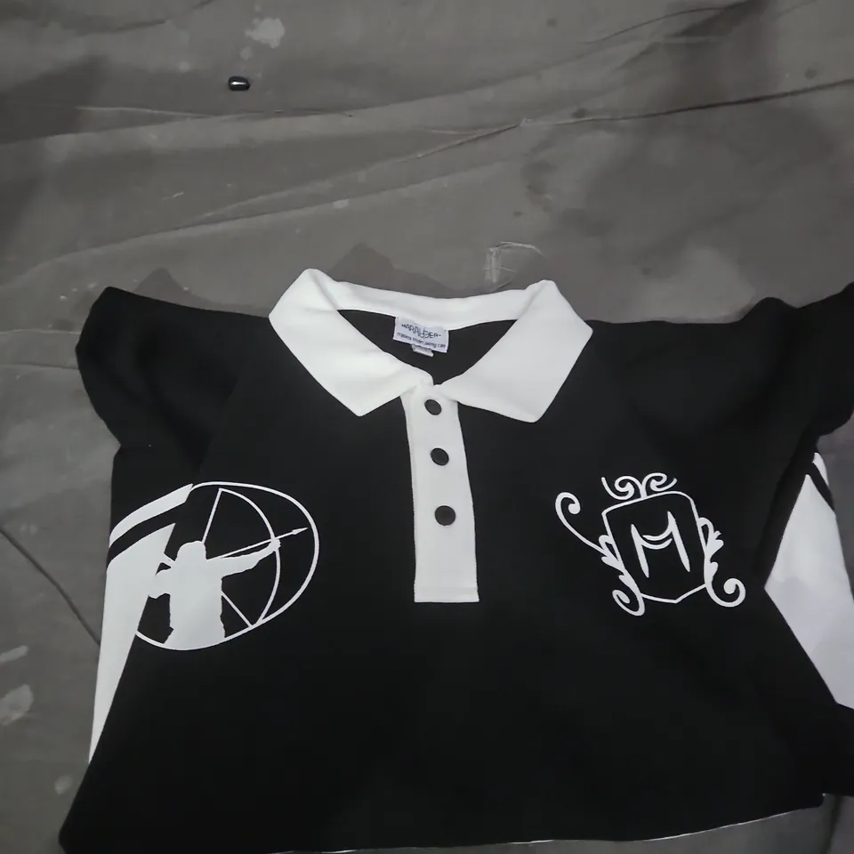 MARAUDER BLACK POLO SHIRT WITH WHITE COLLAR AND CREST LOGOS SIZE M