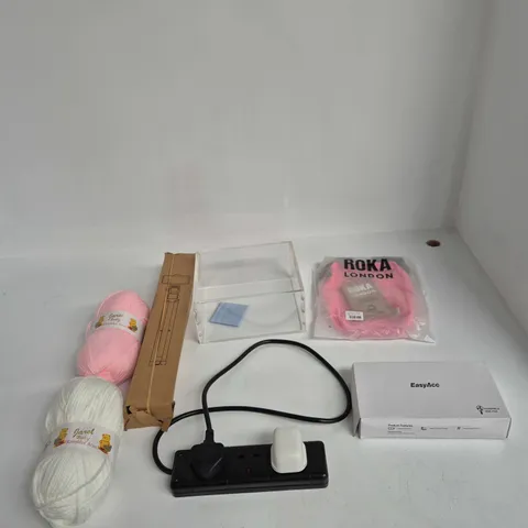 BOX OF APPROXIMATELY 15 ASSORTED ITEMS INCLUDING EASY ACC HANDHELD MINI FAN, ROKA LONDON CROSS BODY BAG AND PNITRI PHONE TRIPOD