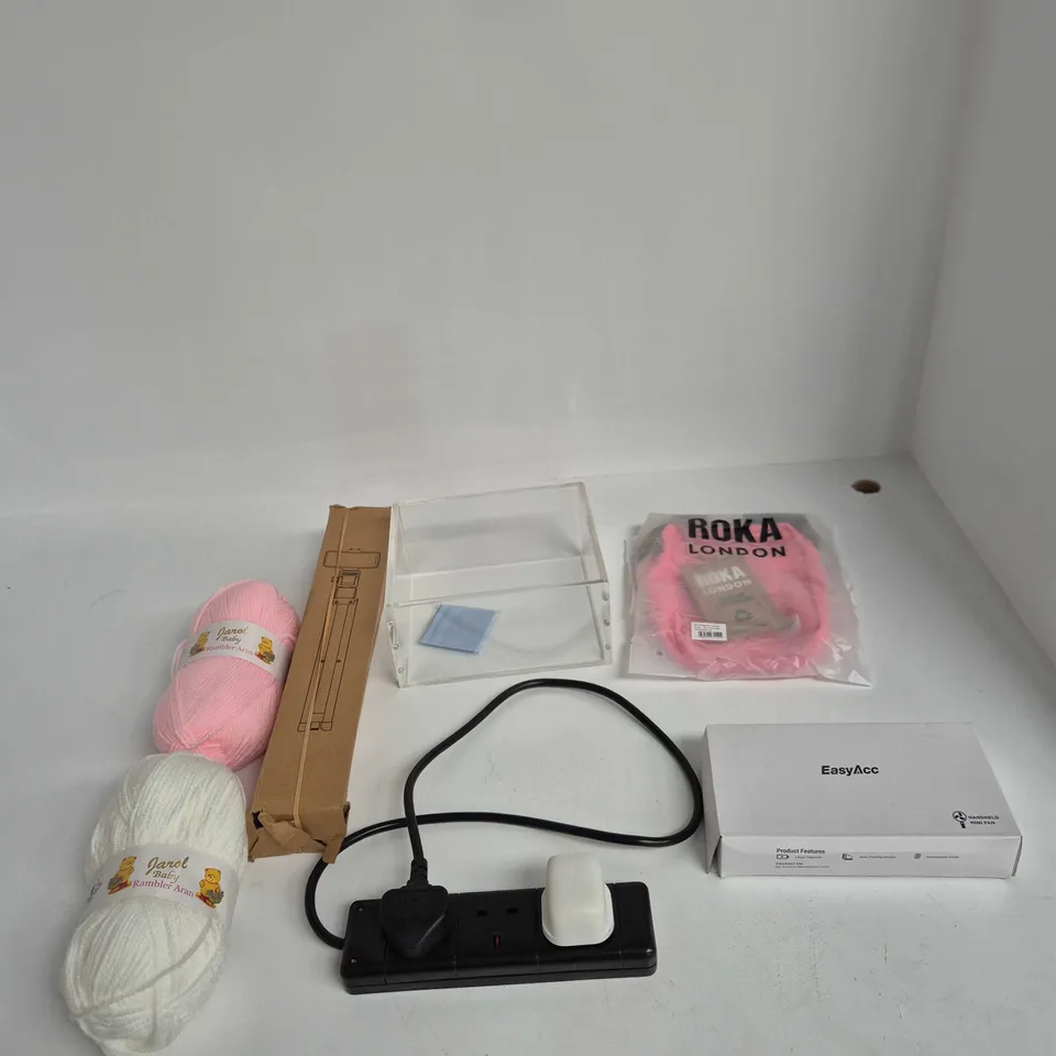 BOX OF APPROXIMATELY 15 ASSORTED ITEMS INCLUDING EASY ACC HANDHELD MINI FAN, ROKA LONDON CROSS BODY BAG AND PNITRI PHONE TRIPOD