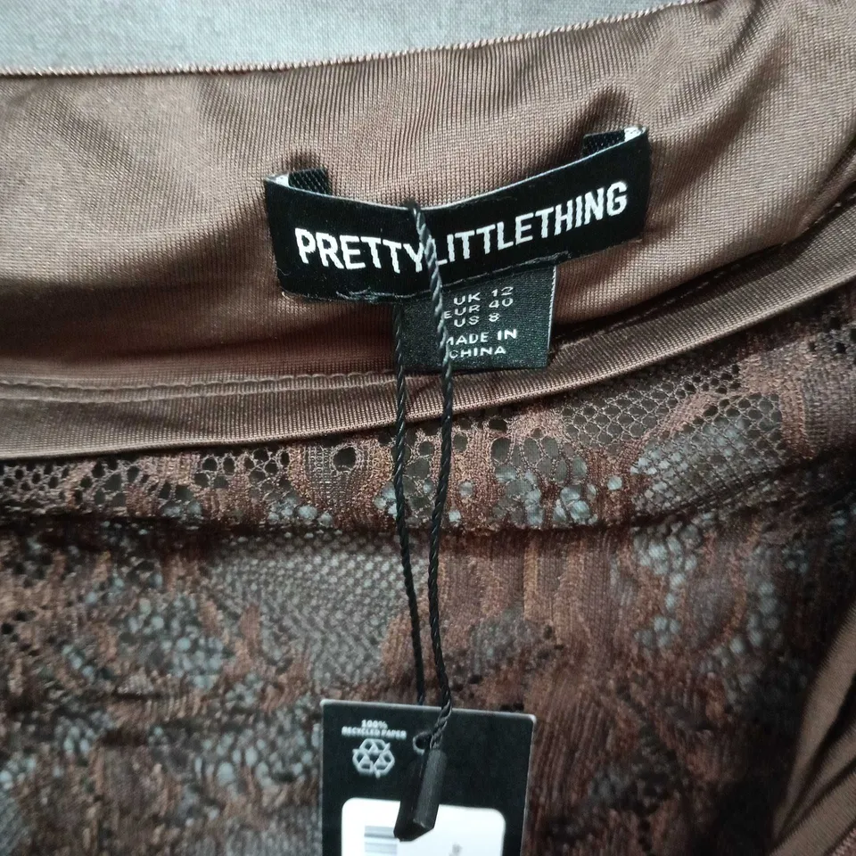 PRETTYLITTLETHING BROWN LACE CROP TOP, UK 12 (EU 40, US 8) – TAGS ATTACHED