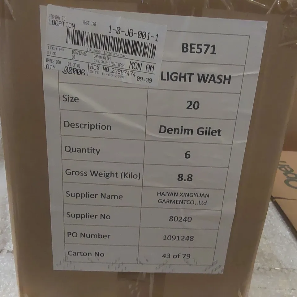 BOX CONTAINING APPROXIMATELY 6x BRAND NEW SIMPLY BE LIGHT WASH DENIM GILET - SIZE 20