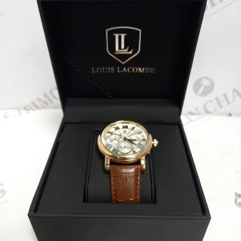 MENS LOUIS LACOMBE CHRONOGRAPH WATCH – MULTI FUNCTION DIAL WITH DATE – ROMAN NUMERAL DIAL – LEATHER STRAP 