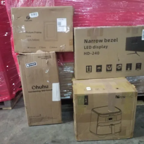 PALLET OF ASSORTED HOUSEHOLD GOODS AND PRODUCTS TO INCLUDE;NARROW BEZEL LED MONITOR,AIR FRYER,GARDENING WORK SEAT