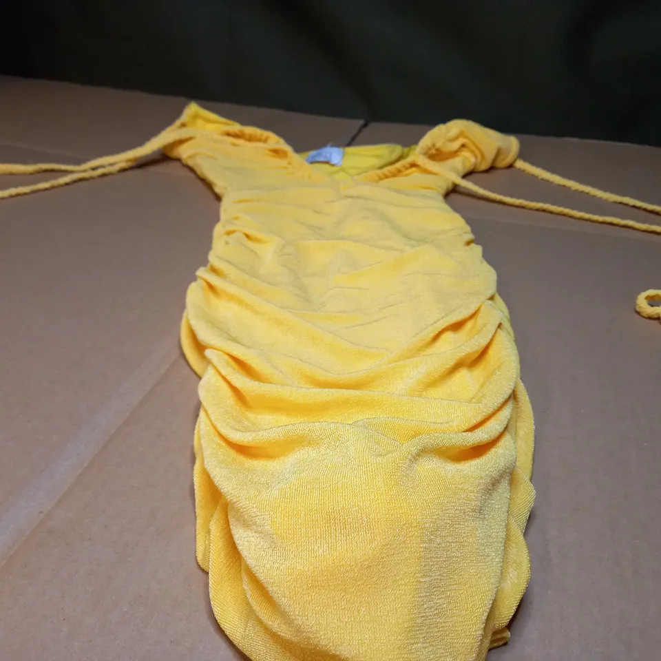 OH POLLY VIBRANT YELLOW RUCHED BODYCON DRESS - SIZE 4