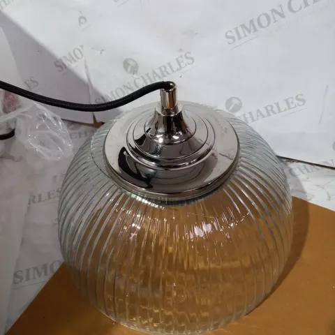 LOT OF 2 ASSORTED LIGHTING ITEMS TO INCLUDE YAMBOL NICKEL FINISH PENDANT WITH RIBBED GLASS SHADE AND TARTAN DETAIL LIGHT SHADE