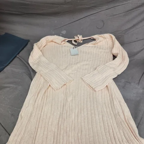 NOBODY'S CHILD BEIGE WIDE RIB KNITTED DRESS, UK M (WOMEN'S CLOTHING) – TAG READS 'LIVE GENTLY UPON THIS EARTH. BE KIND.'