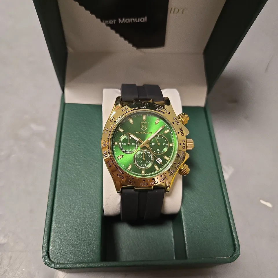 BOXED FRANK SCHMIDT GREEN TRIPLE DIAL SILICONE STRAP WATCH