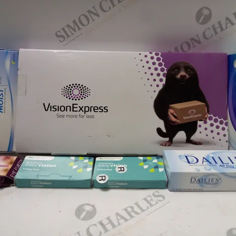 BOX OF APPROX 25 ASSORTED CONTACT LENSES AND CONTACT LENSE SOLUTIONS