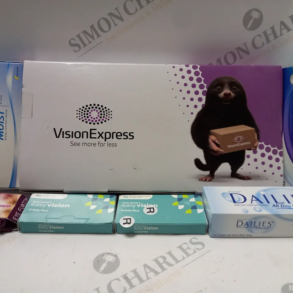 BOX OF APPROX 25 ASSORTED CONTACT LENSES AND CONTACT LENSE SOLUTIONS