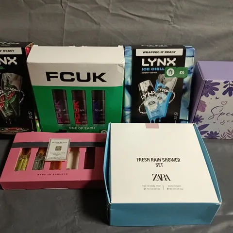 LARGE BOX OF ASSORTED COSMETIC BOX SETS TO INCLUDE LYNX, FCUK AND ZARA