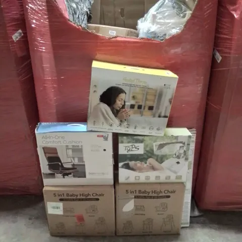 PALLET CONTAINING VARIOUS ASSORTED ITEMS TO INCLUDE: HEATED BLANKETS, ALL-IN-ONE COMFORT CUSHION, BABY HIGH CHAIRS,  AND LOTS MORE UNMARKED BOXED ITEMS 