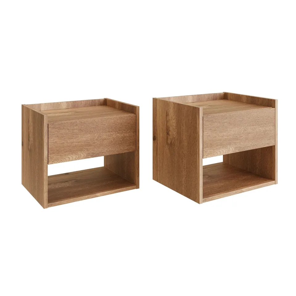 BOXED GFW HARMONY SINGLE DRAWER OAK WOODEN WALL MOUNTED BEDSIDE TABLE SET OF 2 (1 BOX)