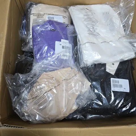BOX OF APPROXIMATELY 20 ASSORTED CLOTHING ITEMS IN VARIOUS STYLES , COLOURS AND SIZES