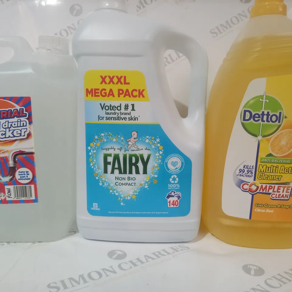 3 ASSORTED LIQUIDS TO INCLUDE DETTOL MULTI ACTION CLEANER, FAIRY NON BIO COMPACT, AND INDUSTRIAL SINK AND DRAIN UNBLOCKER