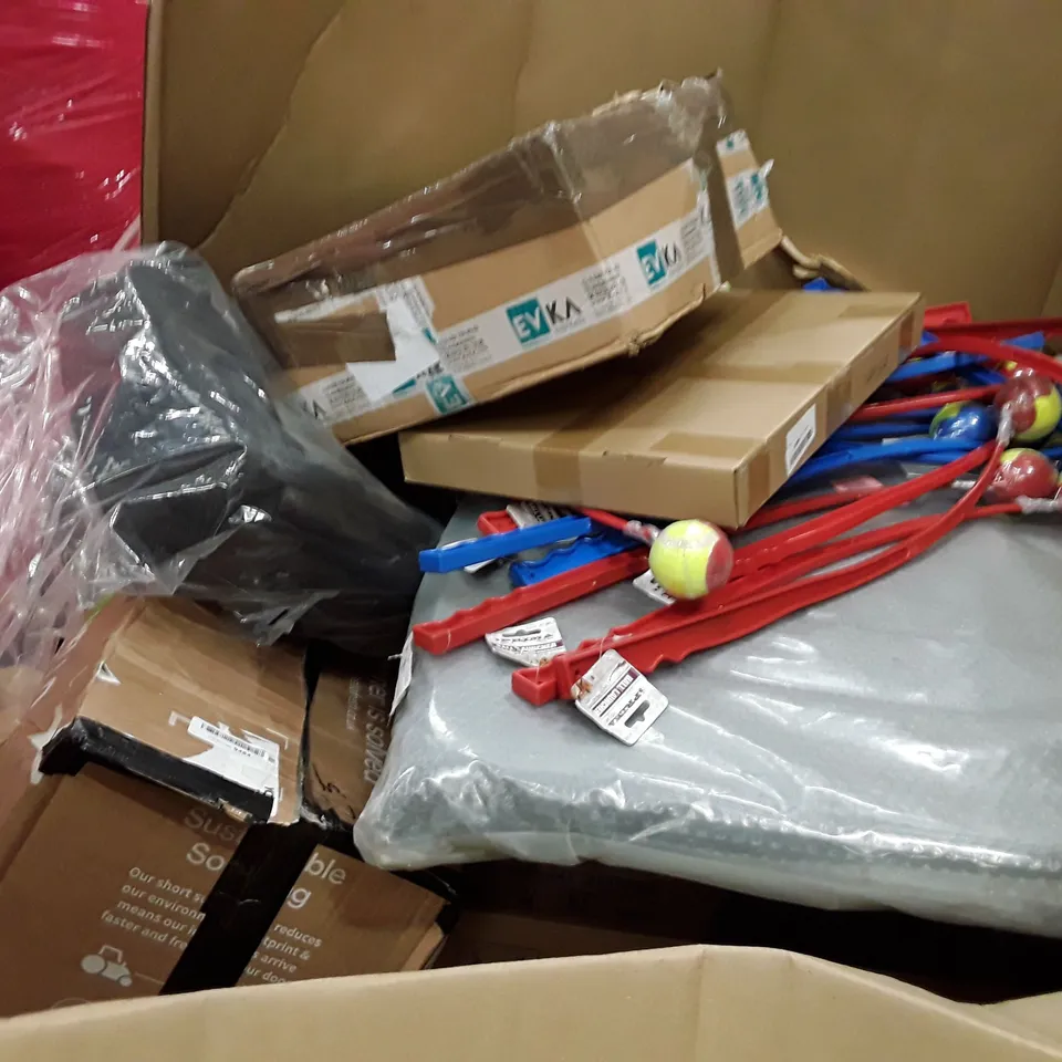 PALLET OF APPROXIMATELY ASSORTED HOUSEHOLD & ELECTRICAL ITEMS INCLUDING ERGONOMIC KNEELING CHAIR, EXTRA LONG WOODEN SPATULA, FLOOR FAN, TEFAL REFRY PAN, BALL LAUNCHER