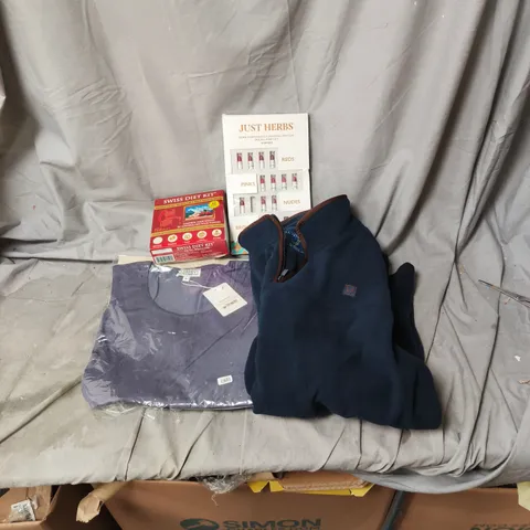 BOX OF APPROXIMATELY 20 ASSORTED HOUSEHOLD ITEMS INCLUDING ZIP UP HOODIE, MINI LIP STICK SET, SWISS DIET KIT , LADIES T SHIRT MEDIUM ETC