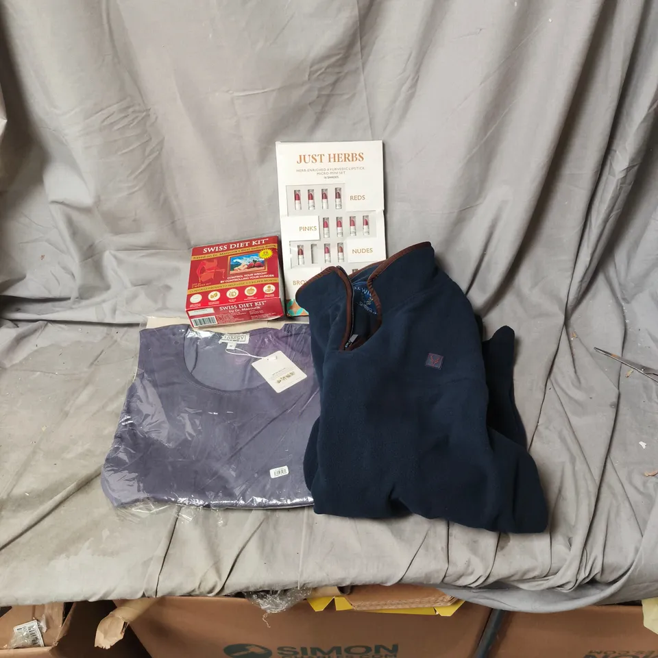 BOX OF APPROXIMATELY 20 ASSORTED HOUSEHOLD ITEMS INCLUDING ZIP UP HOODIE, MINI LIP STICK SET, SWISS DIET KIT , LADIES T SHIRT MEDIUM ETC