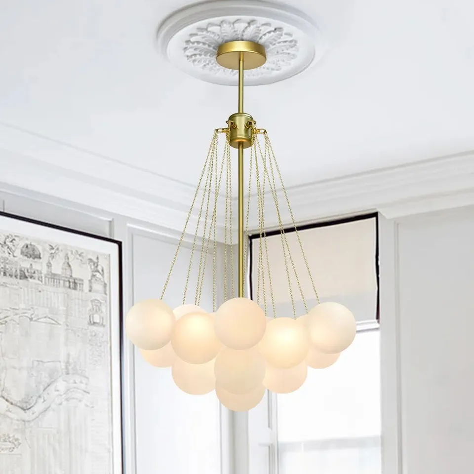BOXED ANISTON 3-LIGHT FROSTED GLASS BUBBLE GLOBE CLUSTER CHANDELIER KITCHEN ISLAND PENDANT LIGHT
