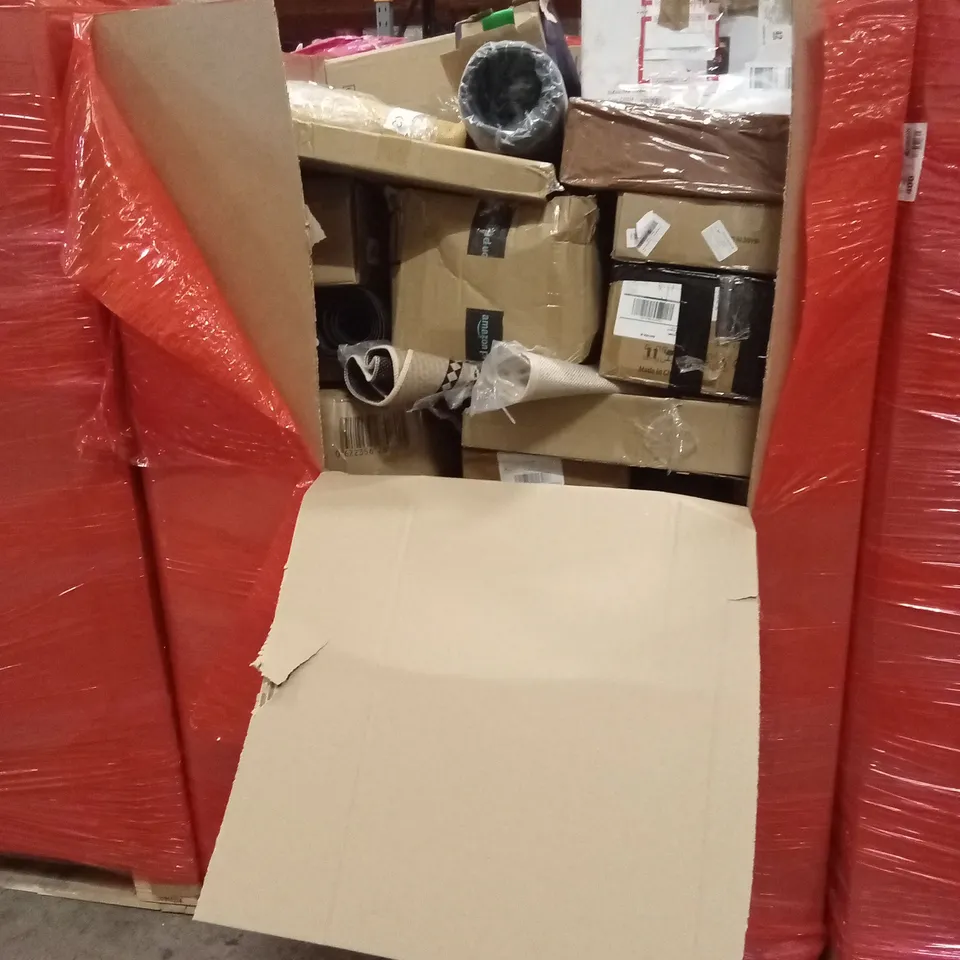PALLET OF ASSORTED HOUSEHOLD GOODS AND PRODUCTS TO INCLUDE; RICE COOKER, RUGS, BOXED FURNITURE ETC