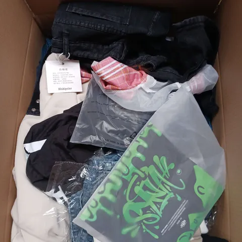 LARGE BOX OF APPROXIMATELY 20 ASSORTED CLOTHING ITEMS IN VARIOUS SIZES, STYLES AND COLOUR